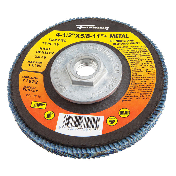 Forney (332) 71922 Flap Disc, High Density, Type 29, 4-1/2 in x 5/8 in-11, ZA80
