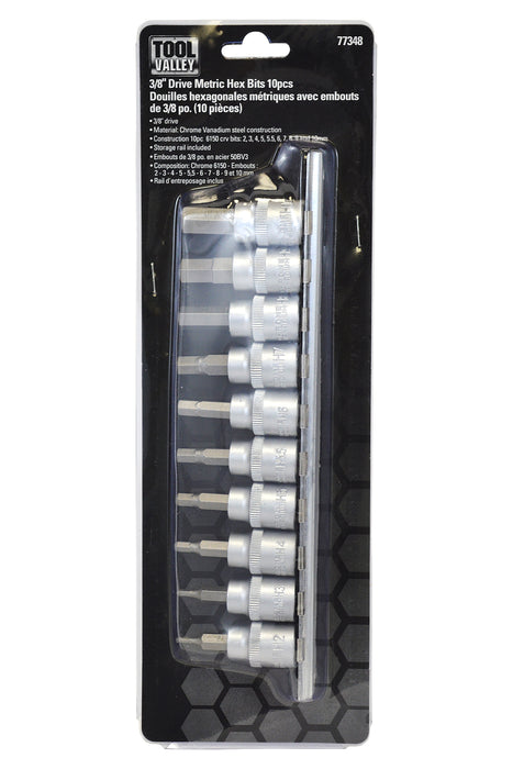 Dynaline (378) 77348 3/8" Dr. Metric Hex Bits-10pcs, Pro Tool Black Table