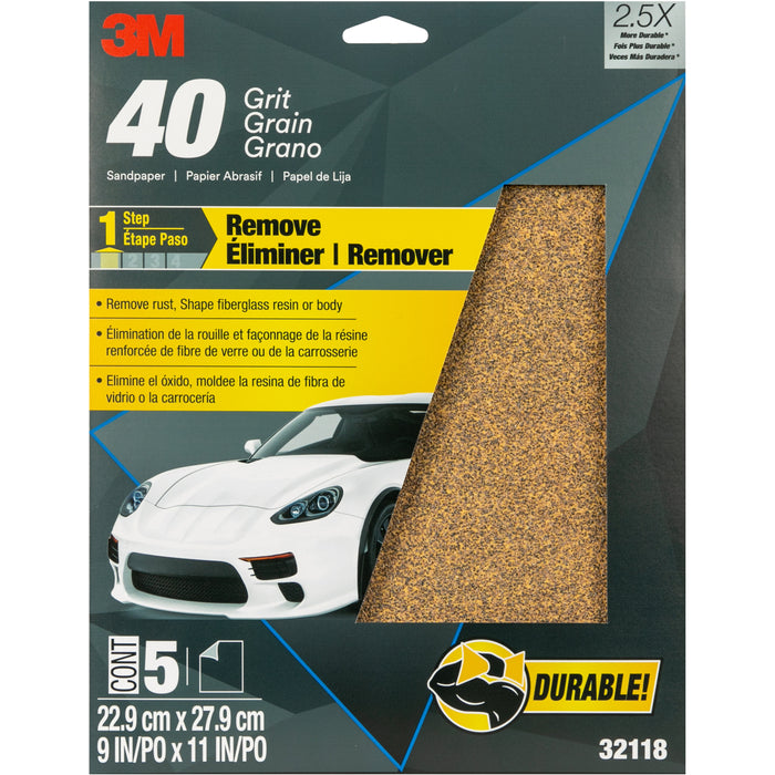 3M 32118 3M™ Sandpaper 32118, 9 x 11 in, 40 Grit, 5 Sheets/Pack, 3M Stock No. 7010364782