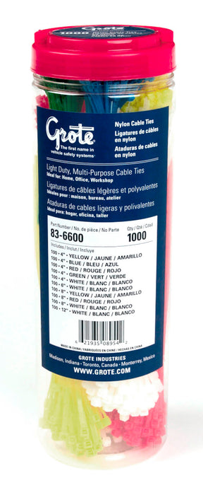 Grote 83-6600 Nylon Cable Ties Cable Tie Assortment, Canister, 1000 Pack