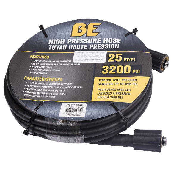 BE Pressure (374) 85.225.229P 25' 1/4" Pressure Washer Hose for M22 Fitting