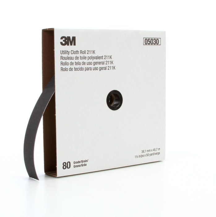 3M 05030 3M™ Utility Cloth Roll, 211K, grade 80, 1 1/2 in x 150 ft (38.1 mm x 45.72 m), Colour: Grey, 3M Stock No. 7000118331