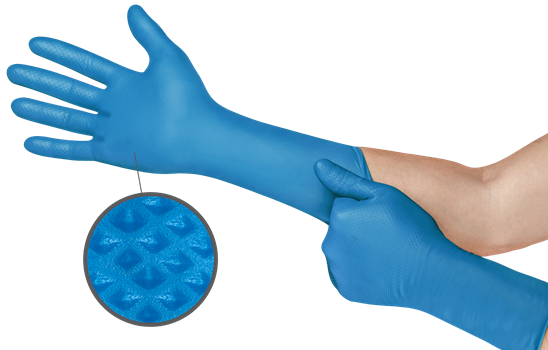 Ansell 93283100 Mega Texture (93-283) Blue Nitrile Fully Textured 9 mil Long Cuff - Size X-Large – 50 Gloves Per Box