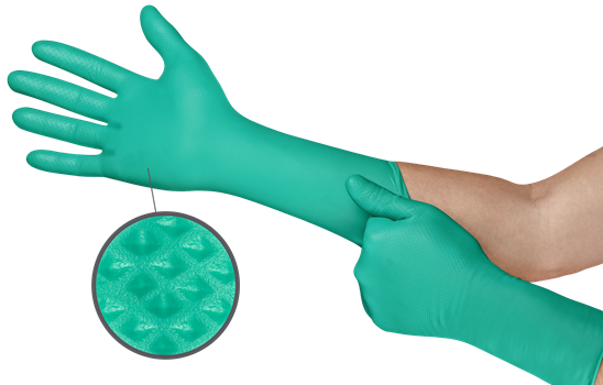 Ansell 93287100 Mega Texture (93-287) Green Nitrile Fully Textured 9 mil Long Cuff Size X-Large – 50 Gloves Per Box