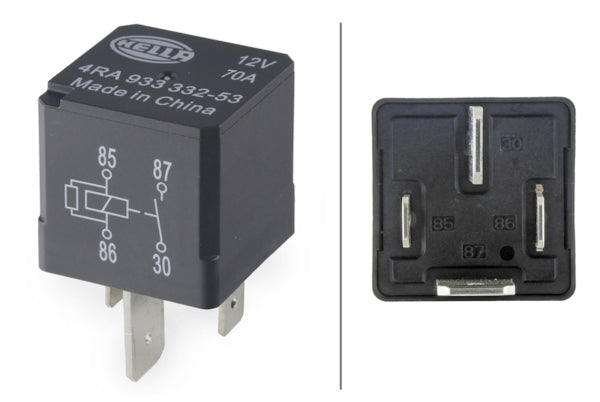 Hella 933332531 Hella Relay, main current - 12V - 4-pin connector - Wiring Diagramme: S2 - Plug: B - Normally Open Contact - Colour: Black - without holder