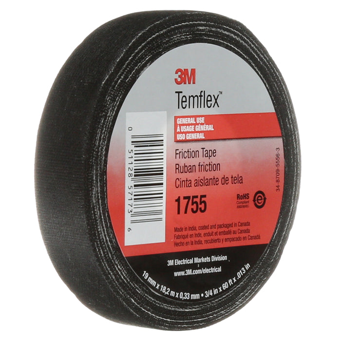 3M (815) 50218 3M™ Temflex™ Cotton Friction Tape, 1755, black, 13 mil (0.33 mm), 3/4 in x 60 ft (19.1 mm x 18.3 m), Colour: Black, 3M Stock No. 7000058870