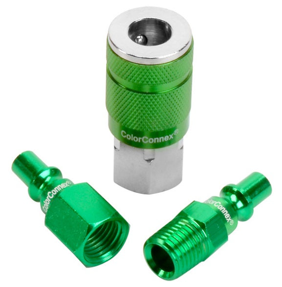Flexzilla (717) A71452B-CA Flexzilla® ColorConnex Coupler and Plug Kit, Type B, 1/4" NPT, 1/4" Body, Green, 3-Piece