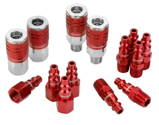 Flexzilla A73458D-CA Flexzilla® ColorConnex Coupler and Plug Kit, Type D, 1/4" NPT, 1/4" Body, Red, 14-Piece