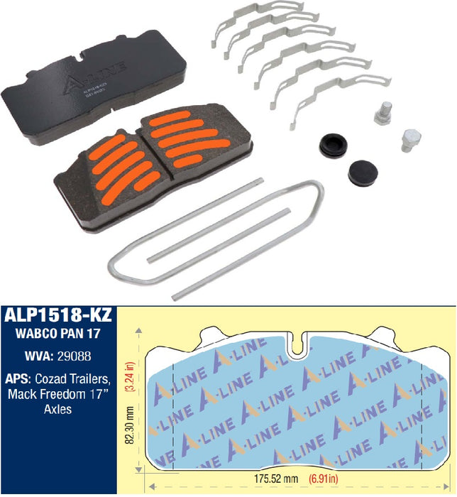 A-Line (929) ALP1518-KZ3 A-Line Air Disc Brake Pads for 23K D1518 (Hardware Included)