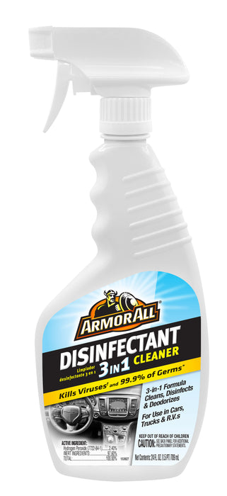 Armor All/STP ATDSFTO24US Armor All 3-IN-1 DISINFECTANT CLEANER 24oz - Armor All® 3-in-1 Disinfectant Cleaner is an effective, one-step, streak-free cleaner, deodorizer and disinfectant powered by Hydrogen Peroxide (H202).