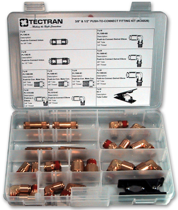 Tectran CAB26 3/8 & 1/2" DOT PUSH-LOCK FITTINGS, NYLON TUBING - PARTS KIT - 21 PIECE ASSORTMENT