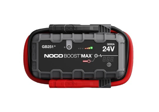 Noco (616) GB251 The GB251+ is a 3000-amp 24-Volt portable lithium jump starter for gasoline and diesel engines up to 32-liters, including semi-trucks (up to class 8), motorhomes, coaches, buses, mining, agricultural, construction, and vocational