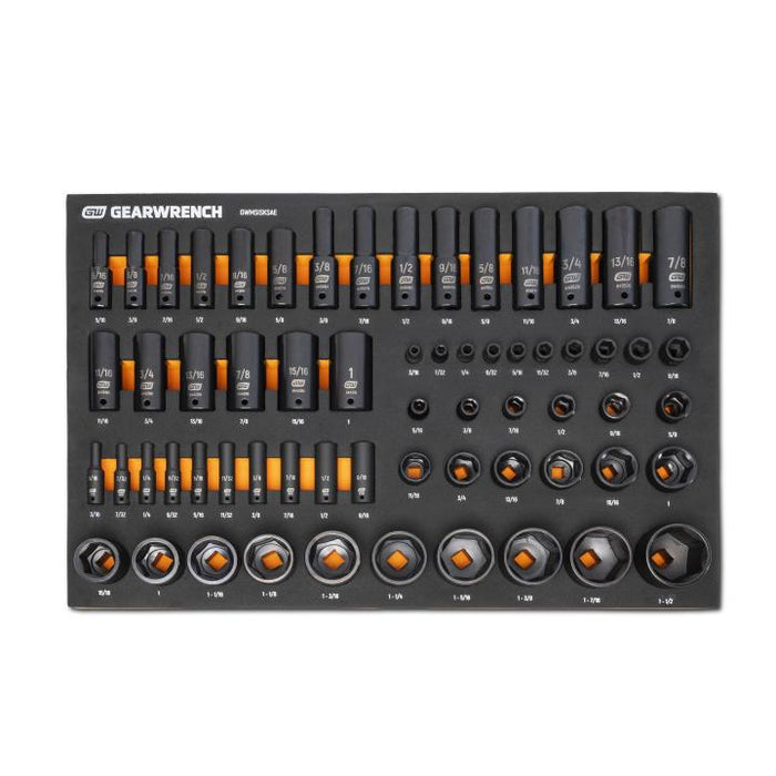 Apex Tool (442) GWMSISKSAE 63 Piece 1/4”, 3/8”, 1/2” Drive 6 Point SAE Impact Socket Set in Foam Storage Tray