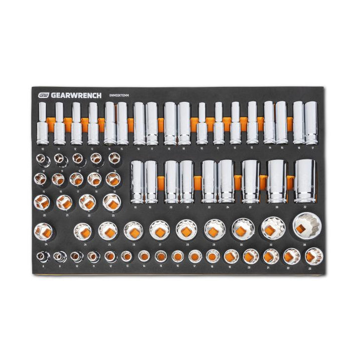 Apex Tool GWMSSKT12MM GEARWRENCH 67 Piece 1/2" Drive 6 & 12 Point, Standard & Deep, Metric Chrome Socket Set in Foam Storage Tray