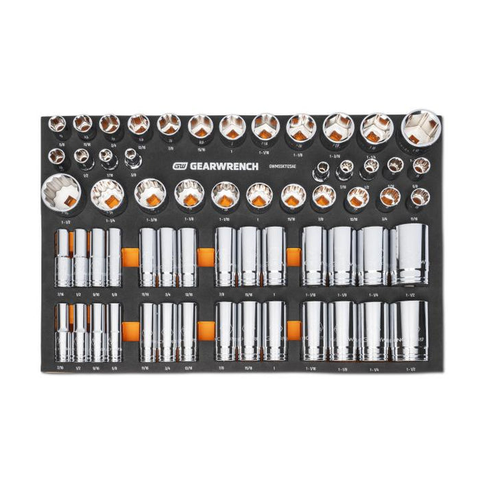 Apex Tool GWMSSKT12SAE GEARWRENCH 60 Piece 1/2" Drive 6 & 12 Point, Standard & Deep, SAE Chrome Socket Set in Foam Storage Tray