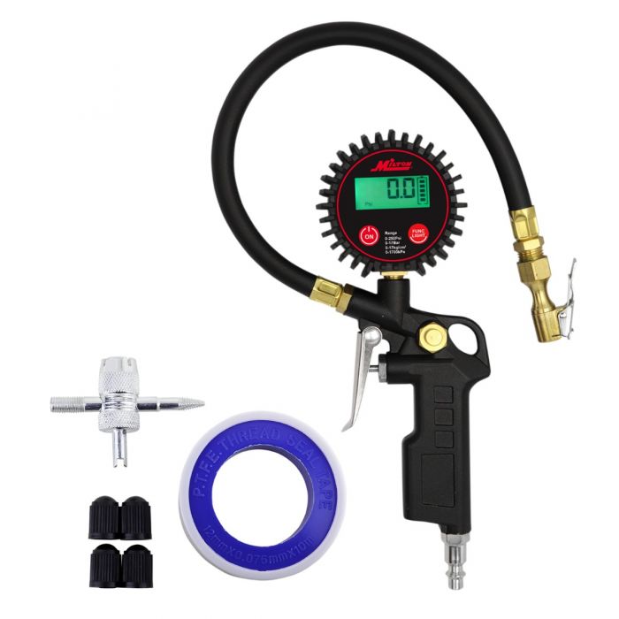 Milton MIL507KIT DIGITAL TIRE INFLATOR WITH PRESSURE GAUGE, 0-250 PSI, ACCURATE TIRE PRESSURE GAUGE, WITH 14IN RUBBER AIR HOSE, BRASS LOCK-ON CLIP AIR CHUCK AND COMPRESSOR ACCESSORIES