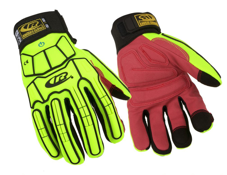 Ansell R161-11 RINGERS Model R161 HI VIZ Industrial Glove. Impact protection with synthetic red leather padded palm and touchscreen compatibility for comfort and ease-of-use. Size: XL