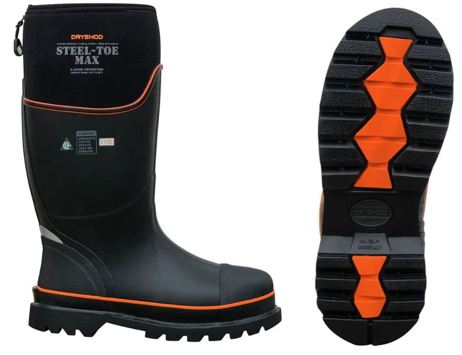 Dryshod (960) STCX-UH-BK-M11 Dryshod Unisex Steel-Toe Max CSA High Black/Orange - M11 - Extreme Cold Conditions Work Boot