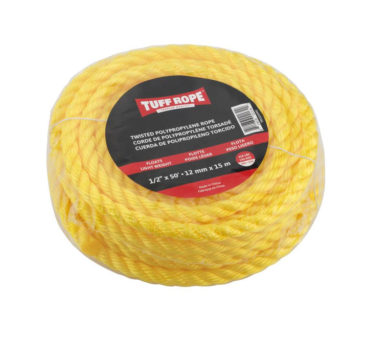Tuff Rope (344) TR1215YPTC 1/2" x 50' Twisted Polypro Rope Yellow (12mm x 15m)