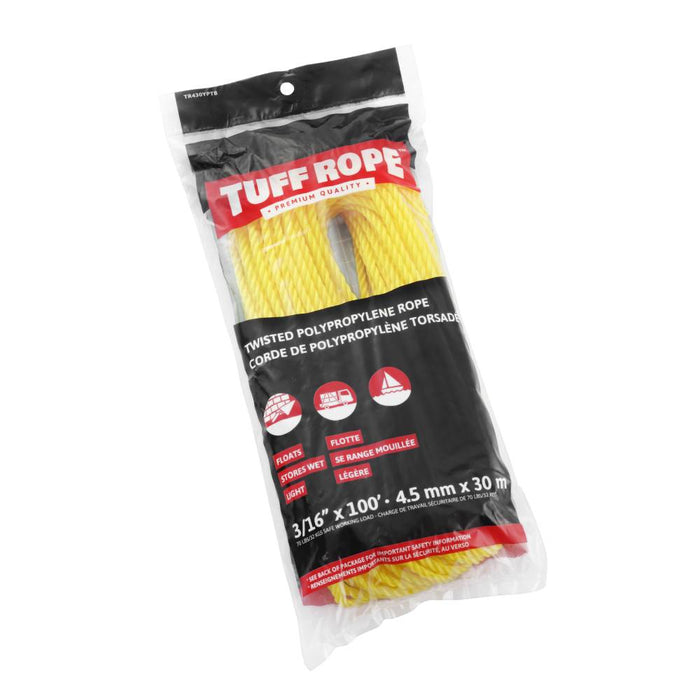Tuff Rope (344) TR430YPTB 3/16" x 100' Twisted Polypro Rope Yellow (4.5mm x 30m)