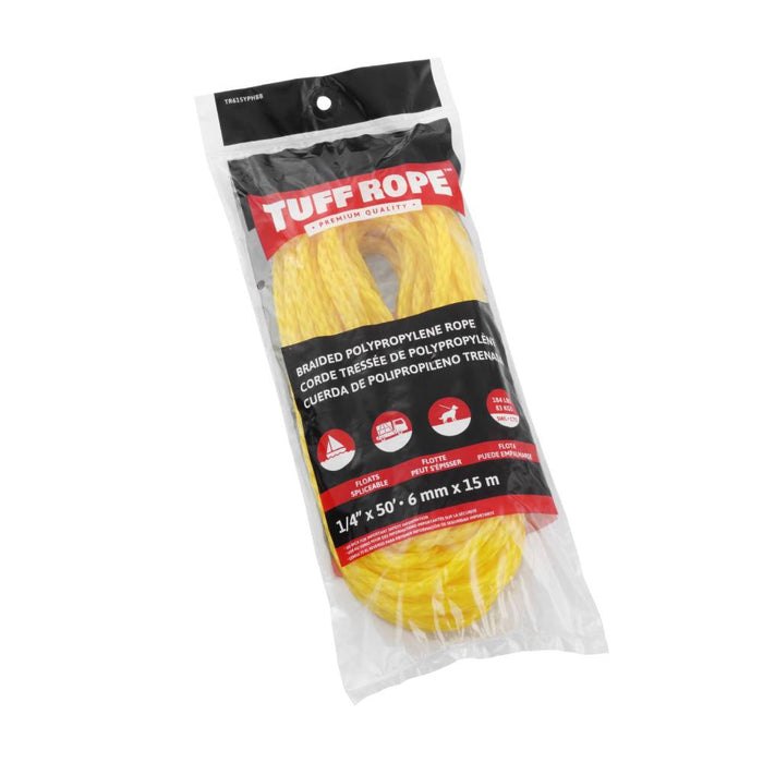 Tuff Rope (344) TR615YPHBB 1/4" x 50' Polypro Hollow Braid Rope Yellow (6mm x 15m)