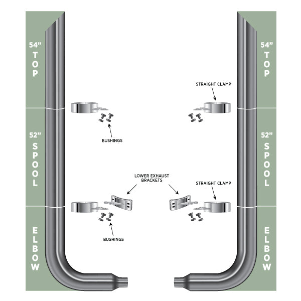 Trux Accessories (737) TSK6-MSET 54" Mitered Top Stacks, 52" Spools, 90° 6"-5" Elbows, Clamps, Lower Brackets & Bushings