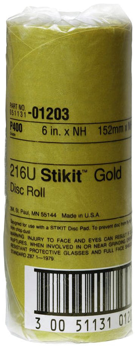 3M (815) 01203 3M™ Stikit™ Gold Disc Roll, 01203, P400 A-weight, 6 in, 75 per roll, 6 per case, Colour: Yellow, 3M Stock No. 7000119679