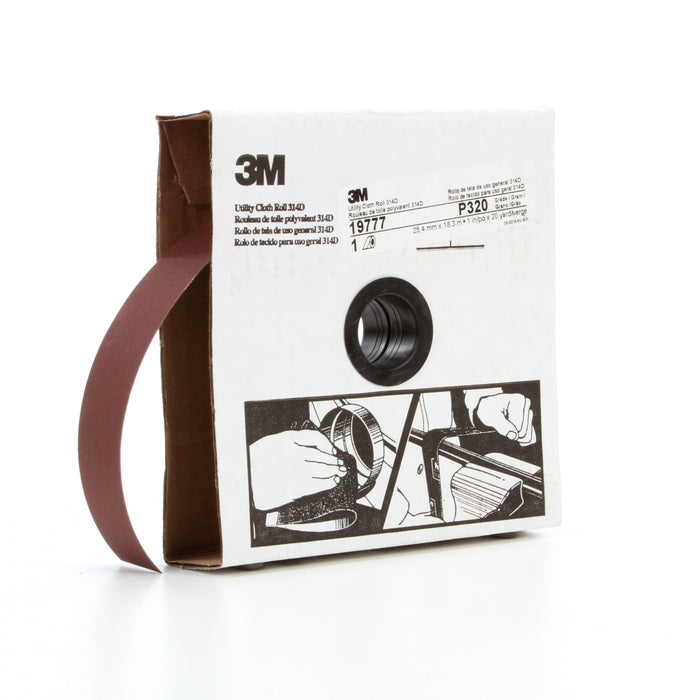 3M 19777 3M™ Utility Cloth Roll, 314D, P320, 1 in x 60 ft (25.4 mm x 18.29 m), Colour: Maroon, 3M Stock No. 7000118499
