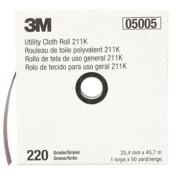 3M 05005 3M™ Utility Cloth Roll, 211K, grade 220, J-weight, 1 in x 150 ft (25.4 mm x 45.72 m), Colour: Grey, 3M Stock No. 7000118343