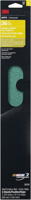 3M 32232 3M™ Green Corps™ File Sheet, 32232, 36 grit, 2 3/4 in x 16 1/2 in (6.99 cm x 41.91 cm), 5 per pack, Colour: Green, 3M Stock No. 7000120008