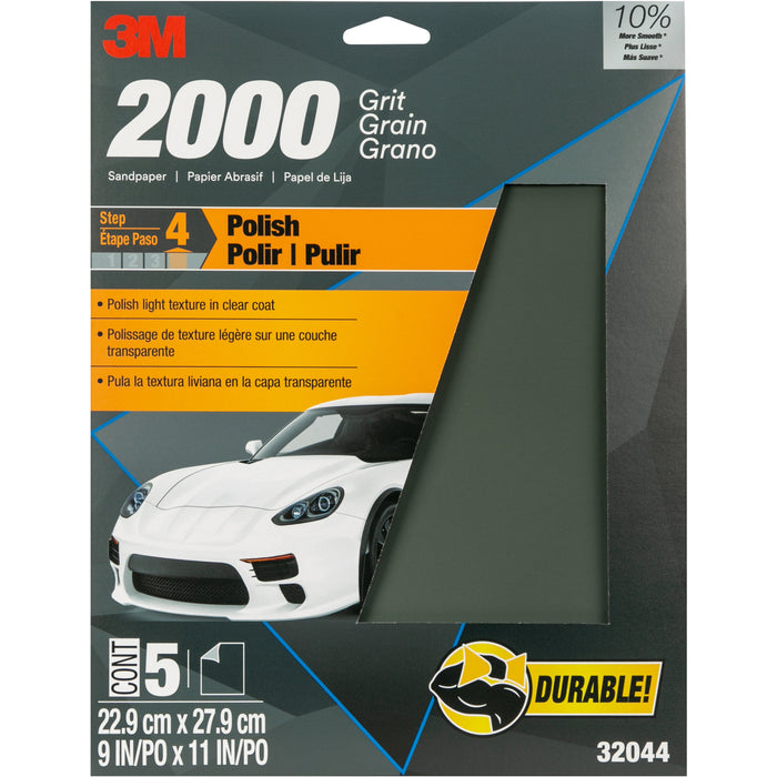 3M 32044 3M™ Wetordry™ Sandpaper 32044, 9 x 11 in, 2000 Grit, 5 Sheets/Pack, Colour: Black, 3M Stock No. 7010364677