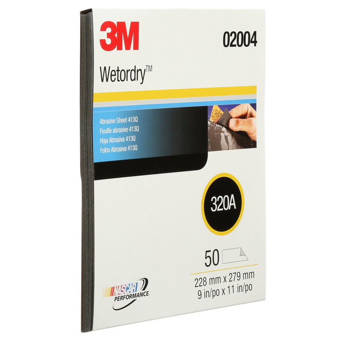 3M 02004 3M™ Wetordry™ Abrasive Sheet, 413Q, 02004, 9 in x 11 in (22.86 cm x 27.94), 320, A-weight, Colour: Black, 3M Stock No. 7000148222