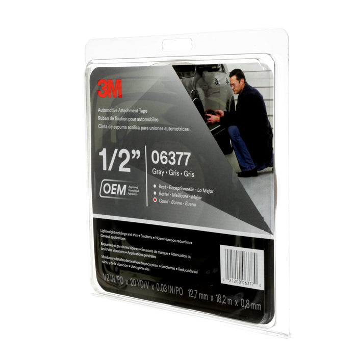 3M (815) 06377 3M™ Automotive Attachment Tape 06377, Gray, 1/2 in x 20 yd, 30 mil, 12 per case, Colour: Grey, 3M Stock No. 7000126193