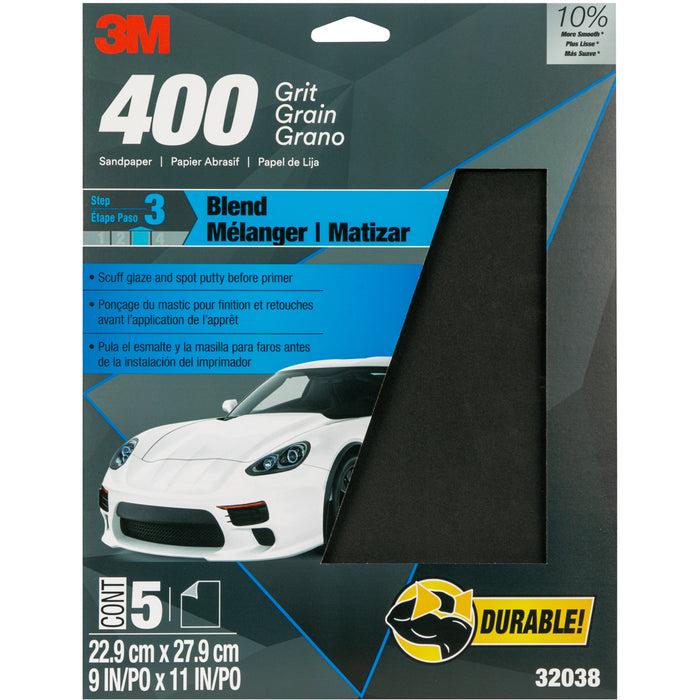 3M 32038 3M™ Wetordry™ Sandpaper 32038, 9 x 11 in, 400 Grit, 5 Sheets/Pack, Colour: Black, 3M Stock No. 7010328058