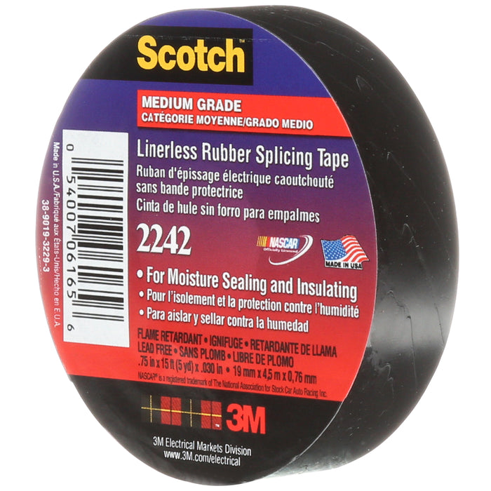 3M (815) 06165 Scotch® Linerless Rubber Splicing Tape, 2242, 30 mil (0.76 mm), 3/4 in x 15 ft (19.1 mm x 4.6 m), commercial grade, Colour: Black, 3M Stock No. 7000058491