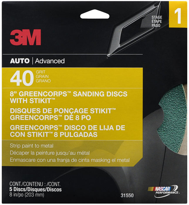3M 31550 3M™ Green Corps™ Sanding Disc with Stikit™ Attachment, 31550, 40 grit, 8 in (20.32 cm) disc, Colour: Green, 3M Stock No. 7000120023