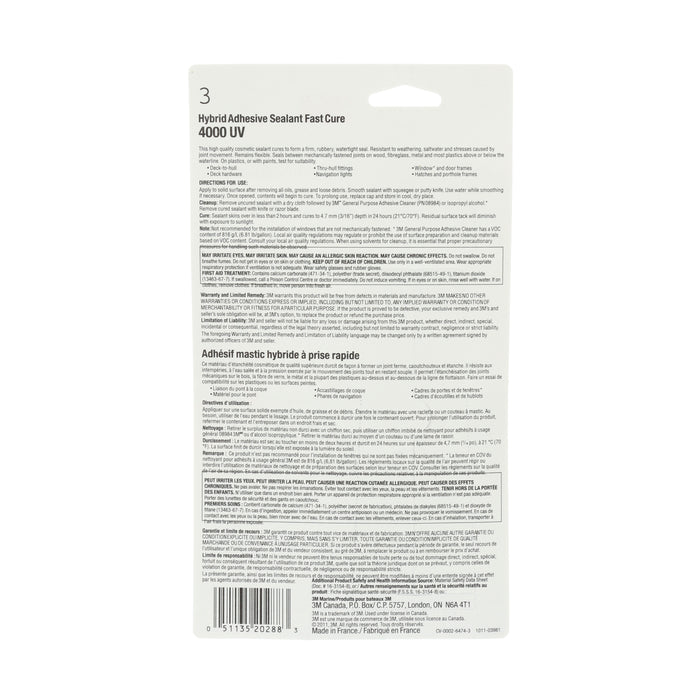 3M (815) 05280 3M™ Marine Sealant Fast Cure, 4000 UV, white, 2.97 fl oz (88 mL), tube, Colour: White, 3M Stock No. 7000142707