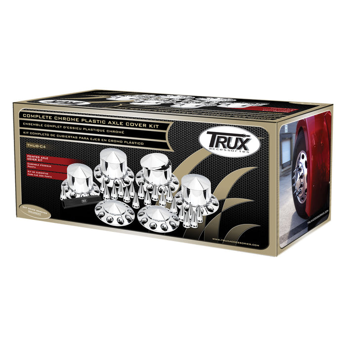 Trux Accessories (737) THUB-C4 Wheel Accessories - Kit - Chrome Plastic Front & Rear Pointed Hub Cover Kit with Threaded Nut Covers
