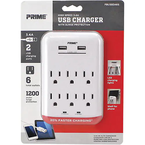 Prime® USB Charger with Surge Protector - PBUSB346S
